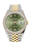 Rolex Datejust 36 Olive Green Set With Diamonds Dial Diamond Bezel Jubilee Yellow Gold Two Tone