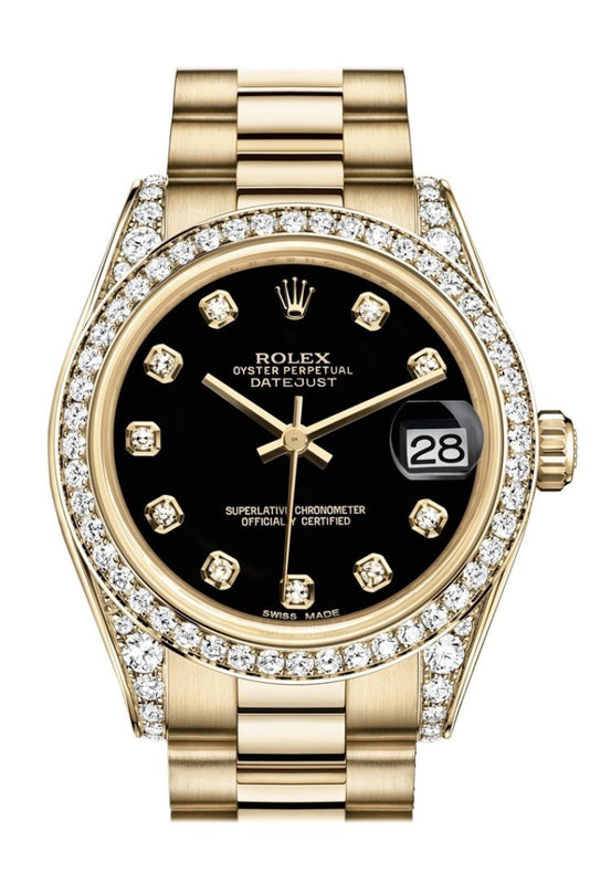 Rolex Datejust 31 Black Dial Diamond Bezel Lug 18k Gold Watch