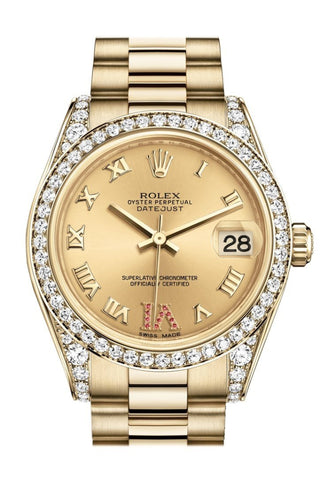 Rolex Datejust 31 Champagne Large Vi Rubies Dial Diamond Bezel Lug 18K Yellow Gold President Ladies