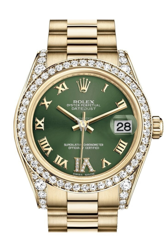 Rolex Datejust 31 Olive Green Vi Diamonds Dial Diamond Bezel Lug 18K Yellow Gold President Ladies