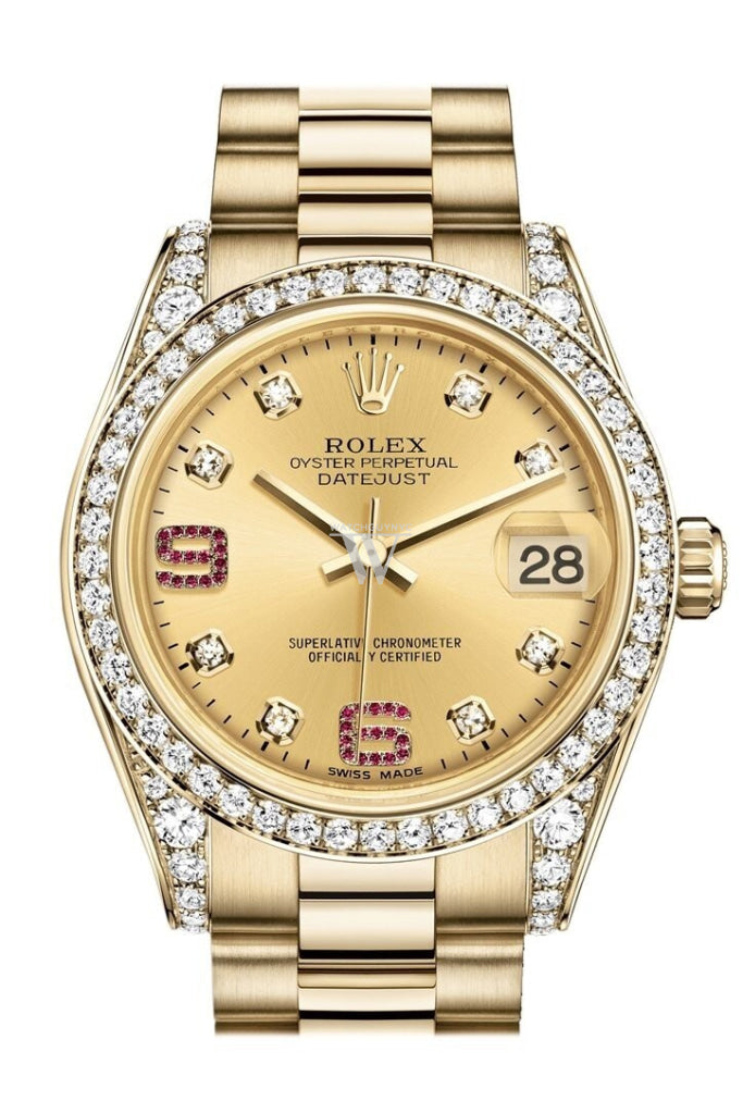Rolex Datejust 31 Champagne Diamonds Rubies Diamond Dial Diamond Bezel Lug 18k Gold Watch 178158 WatchGuyNYC