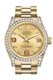 Rolex Datejust 31 Champagne Diamonds Rubies Dial Diamond Bezel Lug 18K Yellow Gold President Ladies