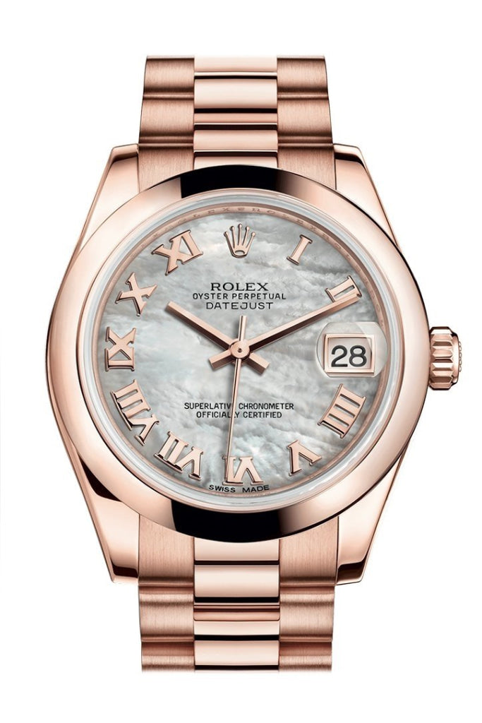 Rolex Datejust 31 White Mother Of Pearl Roman Dial 18K Everose Gold President Ladies Watch 178245 /