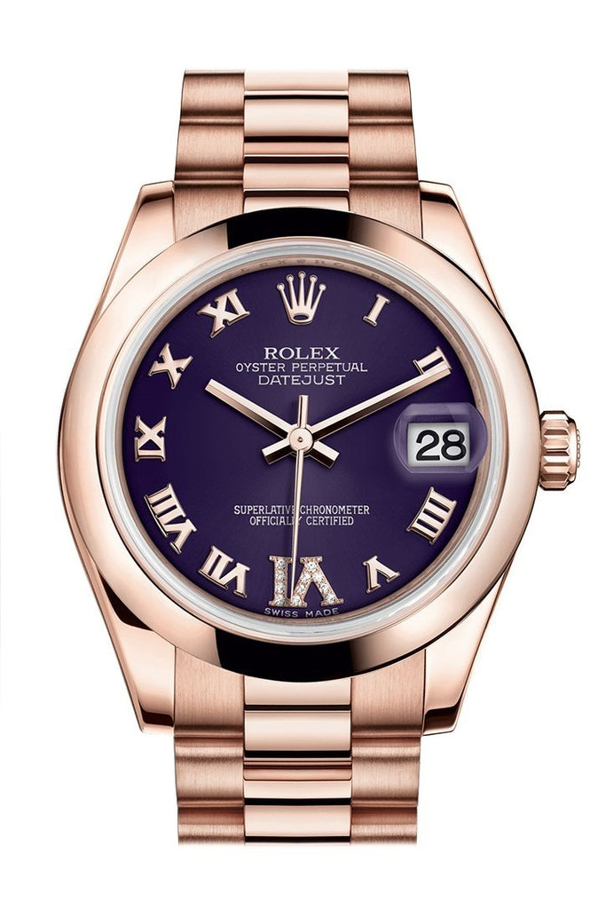 Rolex Datejust 31 Purple Large Vi Set With Diamond Dial 18K Everose Gold President Ladies Watch