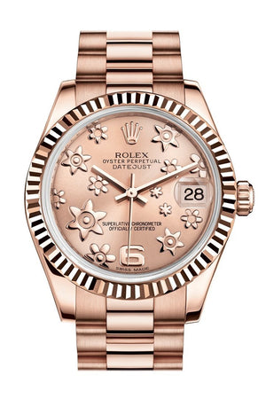 Rolex Datejust 31 Pink Raised Floral Motif Dial Fluted Bezel 18K Everose Gold President Ladies Watch