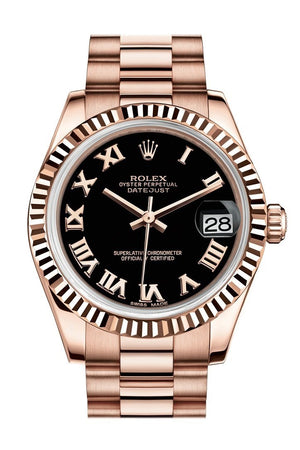 Rolex Datejust 31 Black Roman Dial Fluted Bezel 18K Everose Gold President Ladies Watch 178275 /