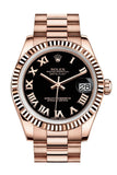 Rolex Datejust 31 Black Roman Dial Fluted Bezel 18K Everose Gold President Ladies Watch 178275