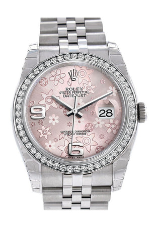 Rolex Datejust 36 Pink Floral Motif Dial 18K White Gold Diamond Bezel Jubilee Watch 116244 / None
