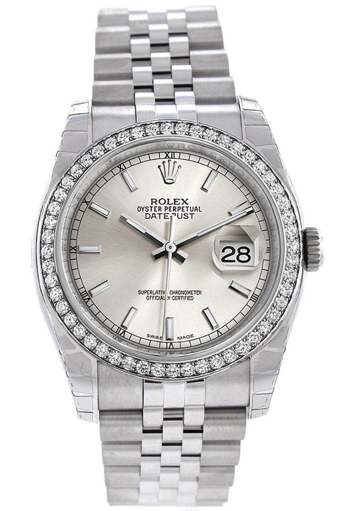 Rolex Datejust 36 Silver Dial 18K White Gold Diamond Bezel Jubilee Mens Watch 116244