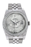 Rolex Datejust 36 Silver Floral Motif Dial 18k White Gold Diamond Bezel Jubilee Men's Watch 116244