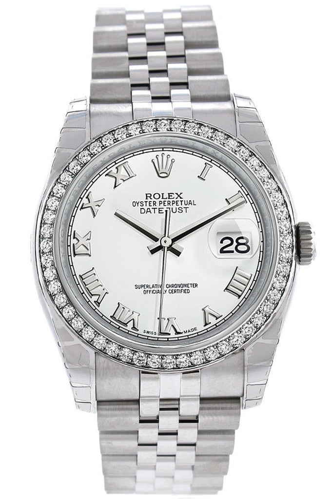 Rolex Datejust 36 White Roman Dial 18K Gold Diamond Bezel Jubilee Mens Watch 116244