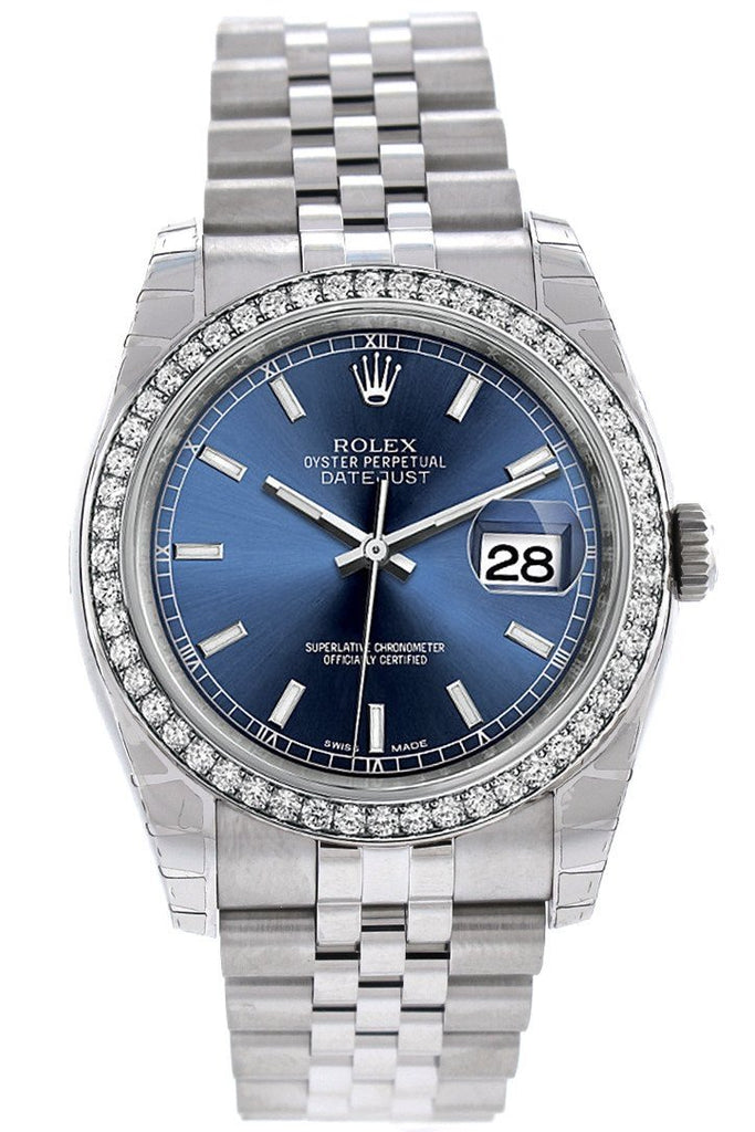 Rolex Datejust 36 Blue Dial 18K White Gold Diamond Bezel Jubilee Mens Watch 116244