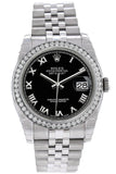Rolex Datejust 36 Black Roman Dial 18K White Gold Diamond Bezel Jubilee Mens Watch 116244