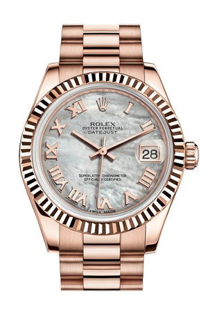 Rolex Datejust 31 White Mother Of Pearl Roman Dial Fluted Bezel 18K Everose Gold President Ladies