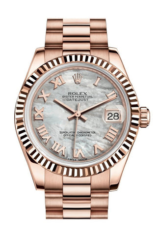Rolex Datejust 31 White Mother Of Pearl Roman Dial Fluted Bezel 18K Everose Gold President Ladies