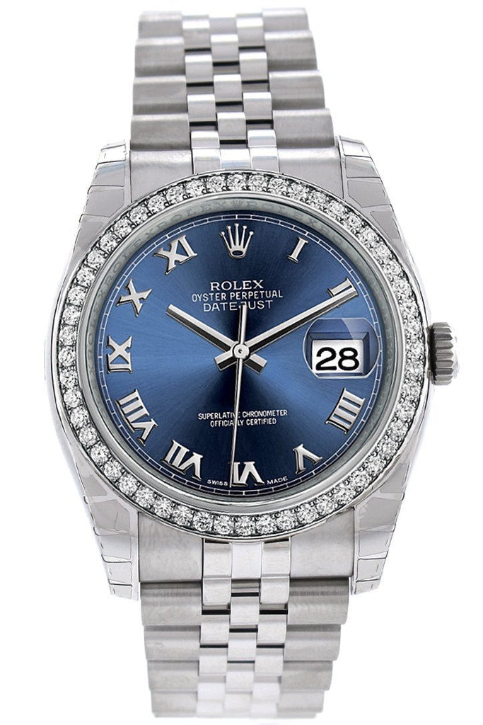 Rolex Datejust 36 Blue Roman Dial 18K White Gold Diamond Bezel Jubilee Mens Watch 116244