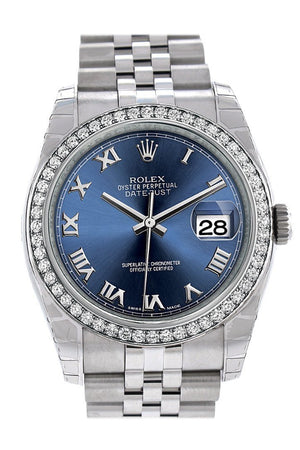 Rolex Datejust 36 Blue Roman Dial 18K White Gold Diamond Bezel Jubilee Mens Watch 116244 / None