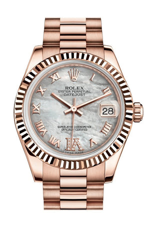 Rolex Datejust 31 White Mother Of Pearl Roman Large Vi Diamond Dial Fluted Bezel 18K Everose Gold
