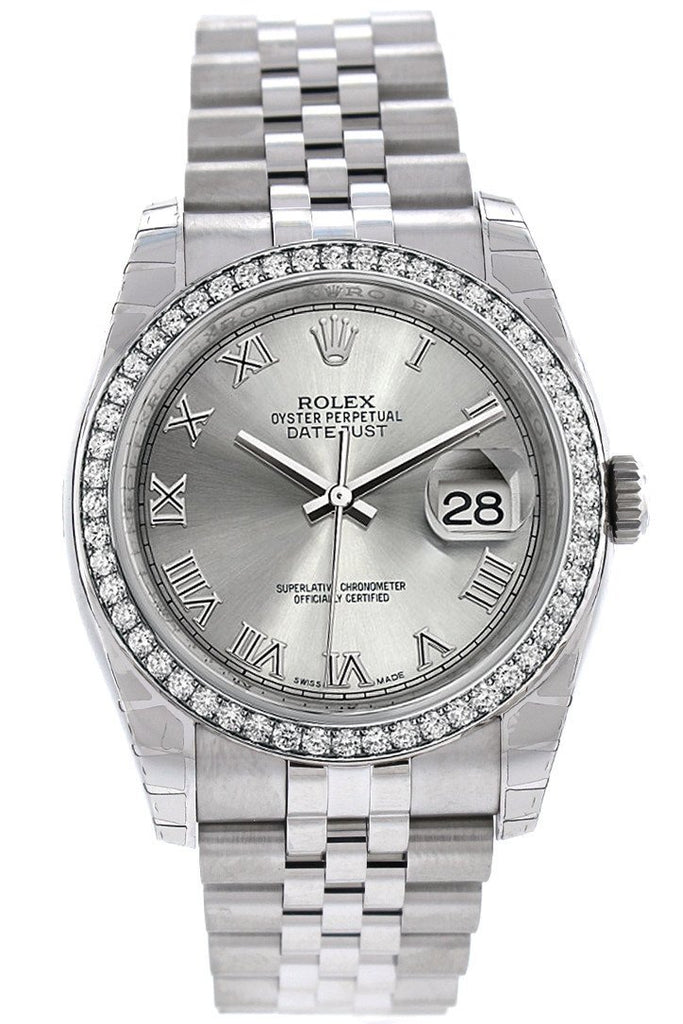 Rolex Datejust 36 Rhodium Roman Dial 18K White Gold Diamond Bezel Jubilee Mens Watch 116244