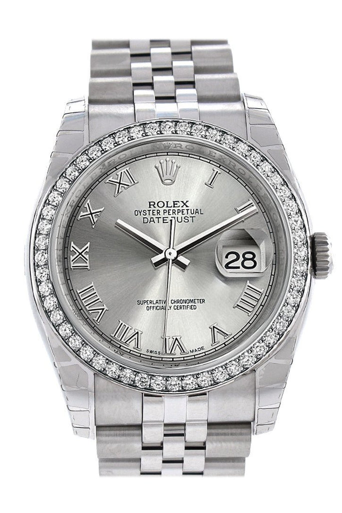 Rolex Datejust 36 Rhodium Roman Dial 18K White Gold Diamond Bezel Jubilee Mens Watch 116244 / None