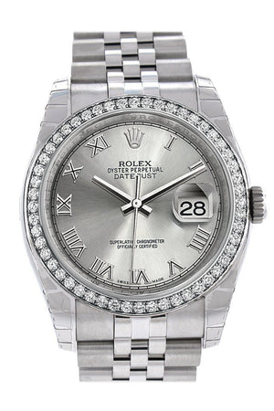 Rolex Datejust 36 Rhodium Roman Dial 18K White Gold Diamond Bezel Jubilee Mens Watch 116244 / None