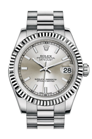 Rolex Datejust 31 Silver Dial Fluted Bezel 18K White Gold President Ladies Watch 178279 / None