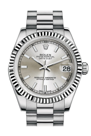 Rolex Datejust 31 Silver Dial Fluted Bezel 18K White Gold President Ladies Watch 178279 / None