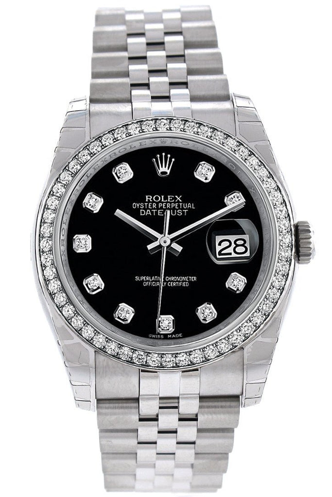 Rolex Datejust 36 Black Set With Diamonds Dial 18K White Gold Diamond Bezel Jubilee Mens Watch