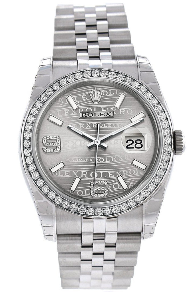 Rolex Datejust 36 Rhodium Waves Diamond Dial 18K White Gold Bezel Jubilee Mens Watch 116244