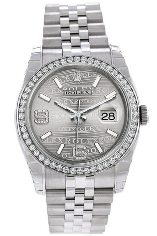 ROLEX 116244 Datejust 36 Rhodium Waves Dial Diamond Ladies watch WatchGuyNYC