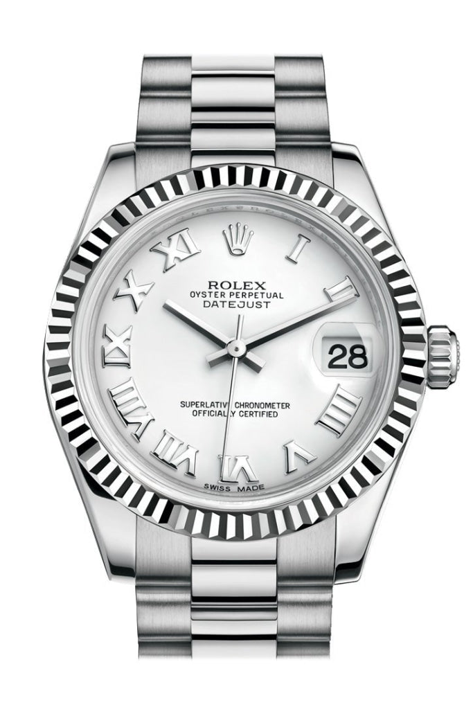 Rolex Datejust 31 White Roman Dial Fluted Bezel 18K Gold President Ladies Watch 178279 / None