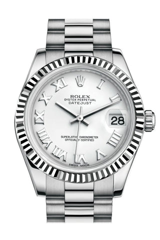 Rolex Datejust 31 White Roman Dial Fluted Bezel 18K Gold President Ladies Watch 178279 / None