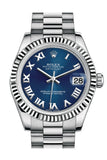 Rolex Datejust 31 Blue Roman Dial Fluted Bezel 18K White Gold President Ladies Watch 178279