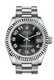 Rolex Datejust 31 Black Concentric Circles Arabic Dial Fluted Bezel 18K White Gold President Ladies