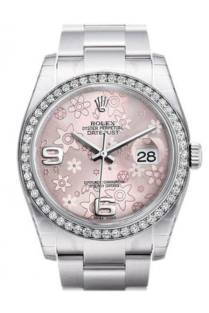 Rolex Datejust 36 Pink Floral Motif Dial 18K White Gold Diamond Bezel Mens Watch 116244 / None