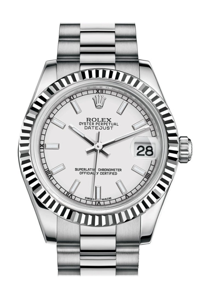 Rolex Datejust 31 White Dial Fluted Bezel 18K Gold President Ladies Watch 178279 / None