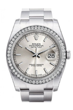 Rolex Datejust 36 Silver Dial 18K White Gold Diamond Bezel Mens Watch 116244 / None