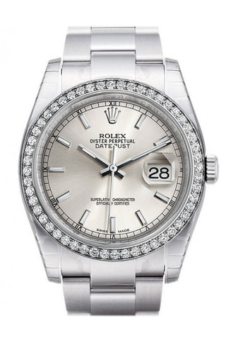 Rolex Datejust 36 Silver Dial 18K White Gold Diamond Bezel Mens Watch 116244 / None