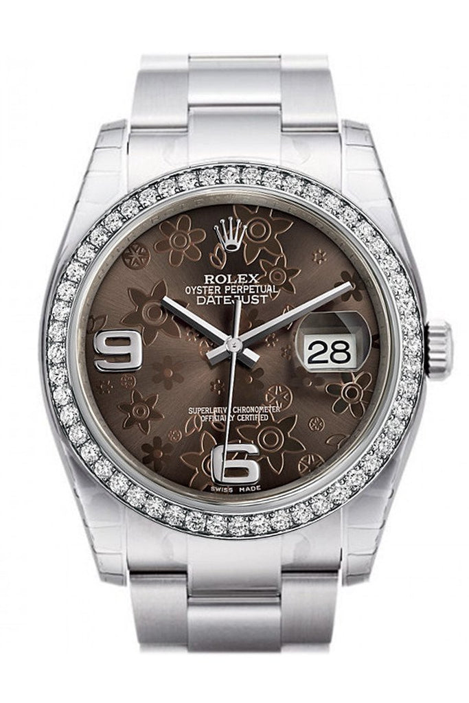 Rolex Datejust 36 Bronze Floral Motif Dial 18K White Gold Diamond Bezel Mens Watch 116244 / None