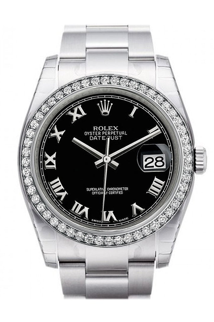 Rolex Datejust 36 Black Roman Dial 18K White Gold Diamond Bezel Mens Watch 116244 / None