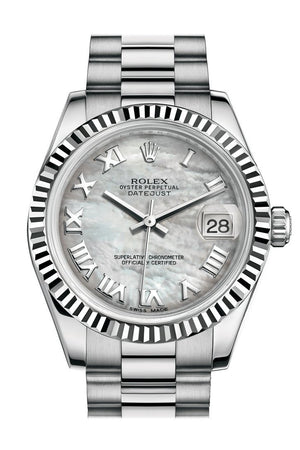 Rolex Datejust 31 White Mother-Of-Pearl Roman Dial Fluted Bezel 18K Gold President Ladies Watch