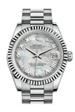 Rolex Datejust 31 White Mother-Of-Pearl Roman Dial Fluted Bezel 18K Gold President Ladies Watch