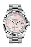 Rolex Datejust 31 Pink Mother-Of-Pearl Roman Dial Fluted Bezel 18K White Gold President Ladies Watch