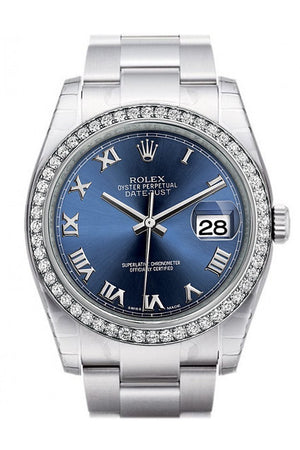 Rolex Datejust 36 Blue Roman Dial 18K White Gold Diamond Bezel Mens Watch 116244 / None