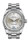 Rolex Datejust 31 Silver Large Vi Set With Sapphires Dial Fluted Bezel 18K White Gold President