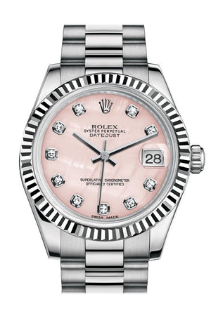 Rolex Datejust 31 Pink Mother-Of-Pearl Diamond Dial Fluted Bezel 18K White Gold President Ladies