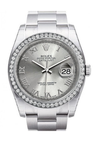 Rolex Datejust 36 Rhodium Roman Dial 18K White Gold Diamond Bezel Mens Watch 116244 / None