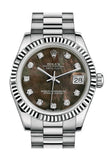 Rolex Datejust 31 Black Mother-Of-Pearl Diamond Dial Fluted Bezel 18K White Gold President Ladies