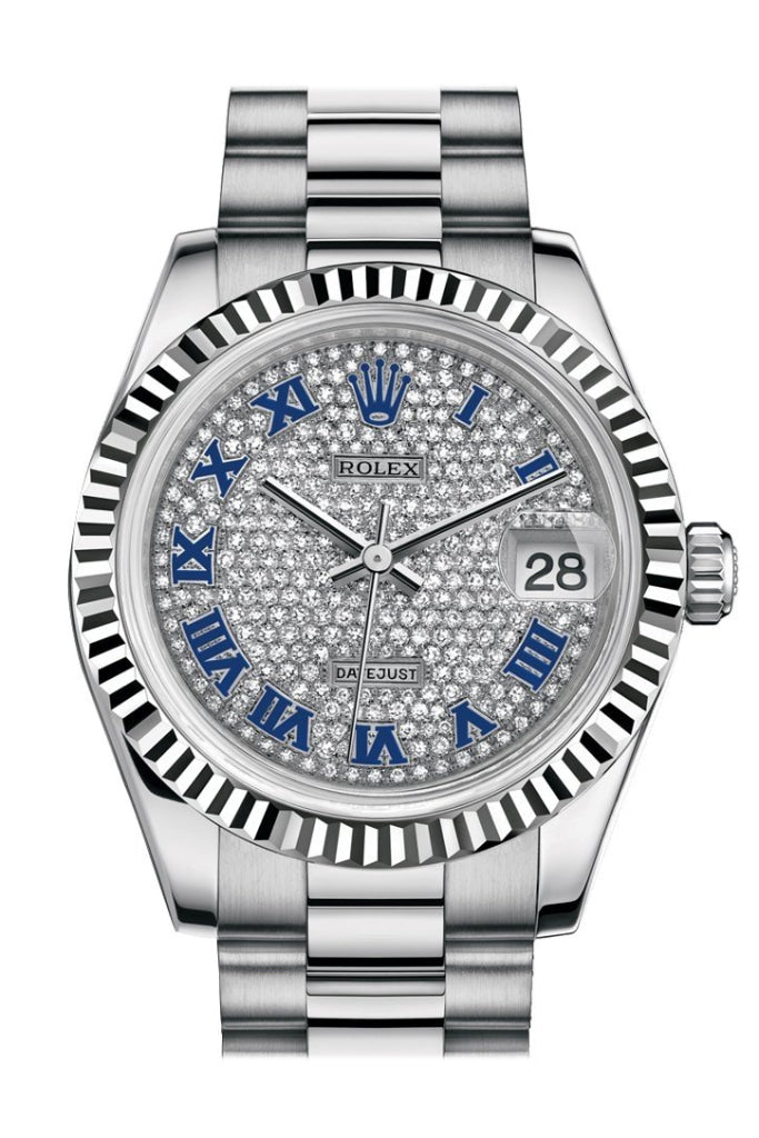 Rolex Datejust 31 Diamond-Paved Roman Dial Fluted Bezel 18K White Gold President Ladies Watch 178279