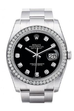 Rolex Datejust 36 Black Set With Diamonds Dial 18K White Gold Diamond Bezel Mens Watch 116244 / None